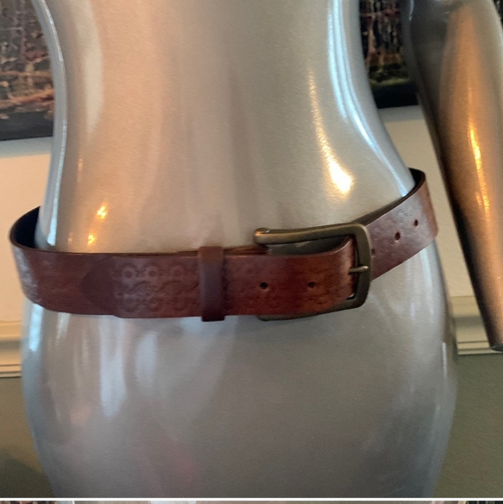 Tooled Genuine Leather Belt with Funky Brass Buckle